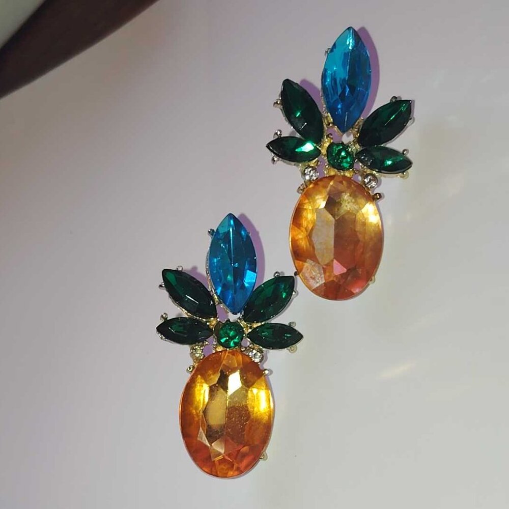 NWT Big Chunky Tropical Pineapple Earrings Bright Blue Green Clear Amber Stones